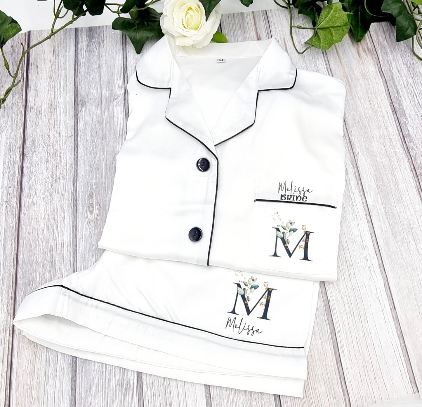 Personalised white bride pyjama set with floral initial and custom name print, wedding morning sleepwear Ireland