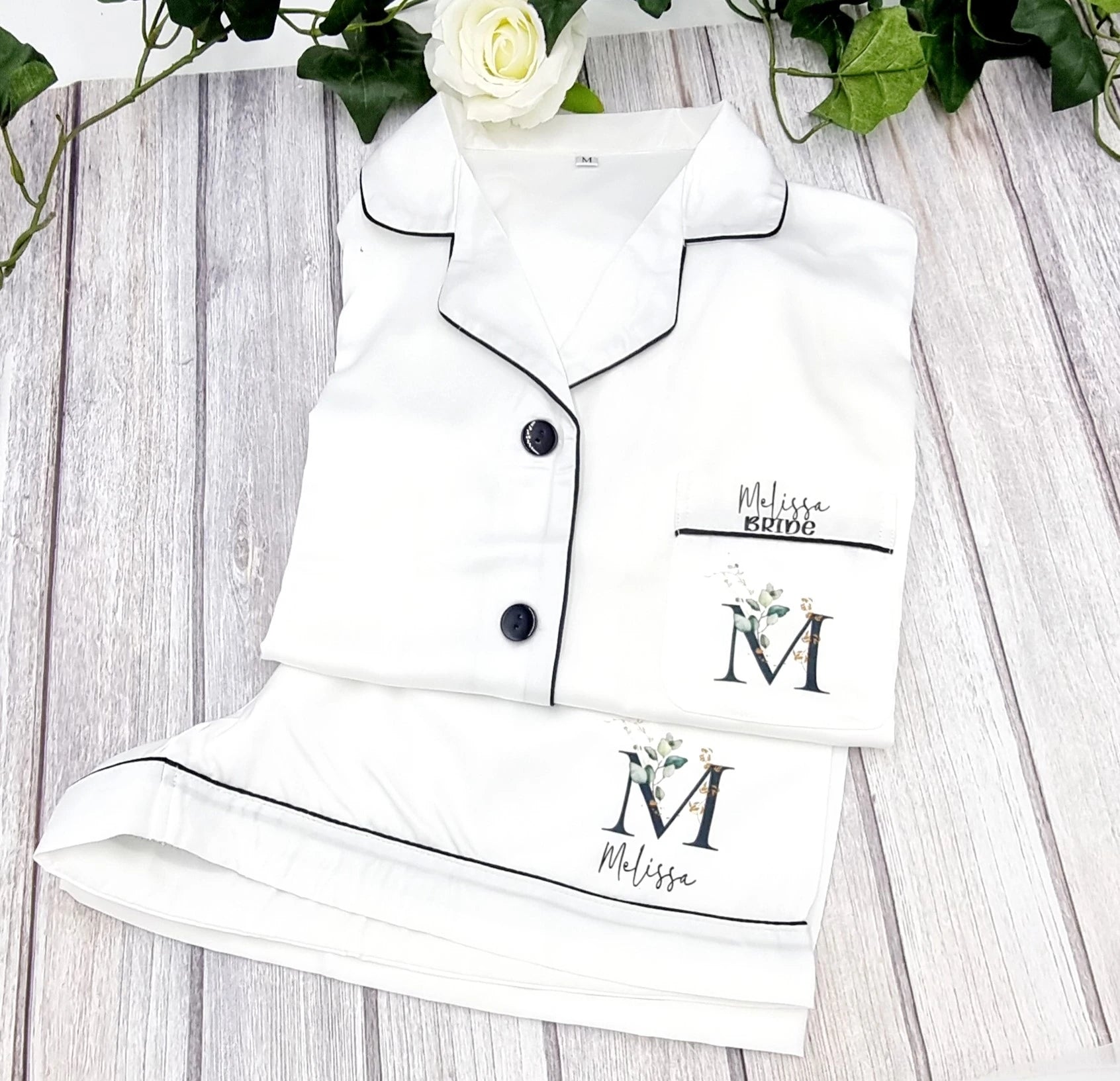 Personalised white bride pyjama set with floral initial and custom name print, wedding morning sleepwear Ireland