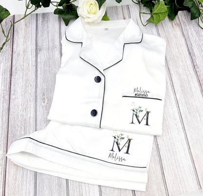 Personalised white bride pyjama set with floral initial and custom name print, wedding morning sleepwear Ireland