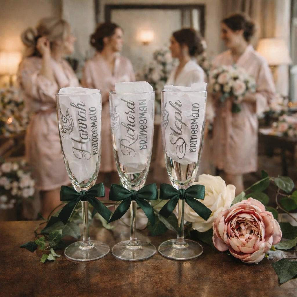 Three personalised bridesmaid champagne flutes with satin bows on a table, with a bridal party getting ready in the background.