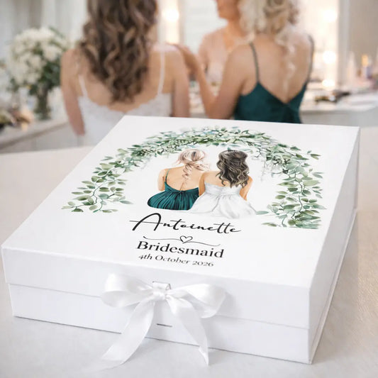 Luxury personalised bridesmaid gift box with name and bridal role for bridal party proposal gift