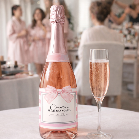 personalised bridesmaid prosecco bottle label with pink bow custom name wedding morning gift Ireland