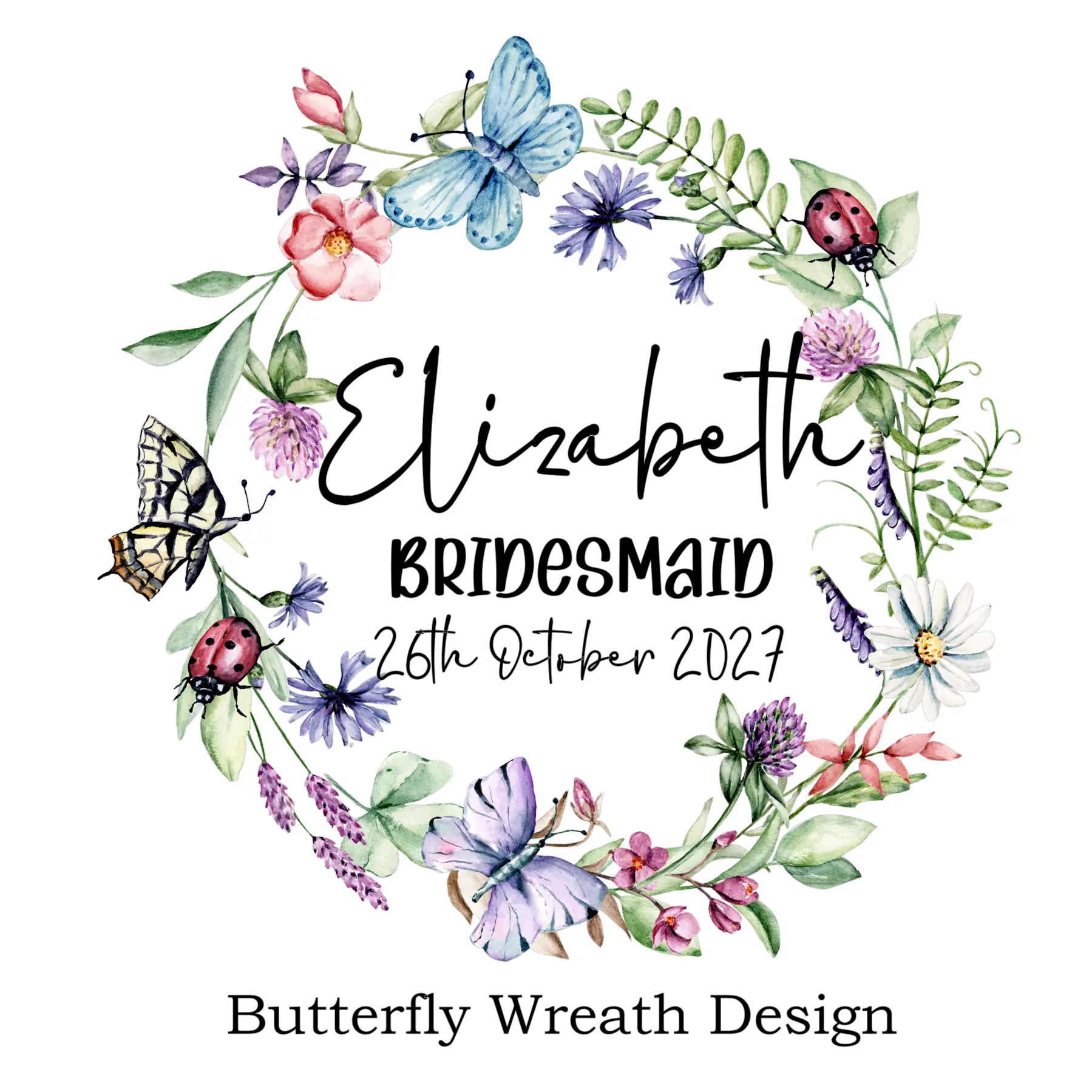 Personalised bridesmaid pyjama design with butterfly floral wreath, custom name, bridesmaid role and wedding date