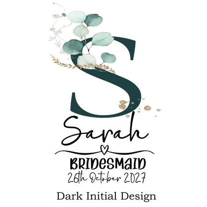 Personalised bridesmaid pyjama design with dark green initial and botanical detail, custom name, role and date