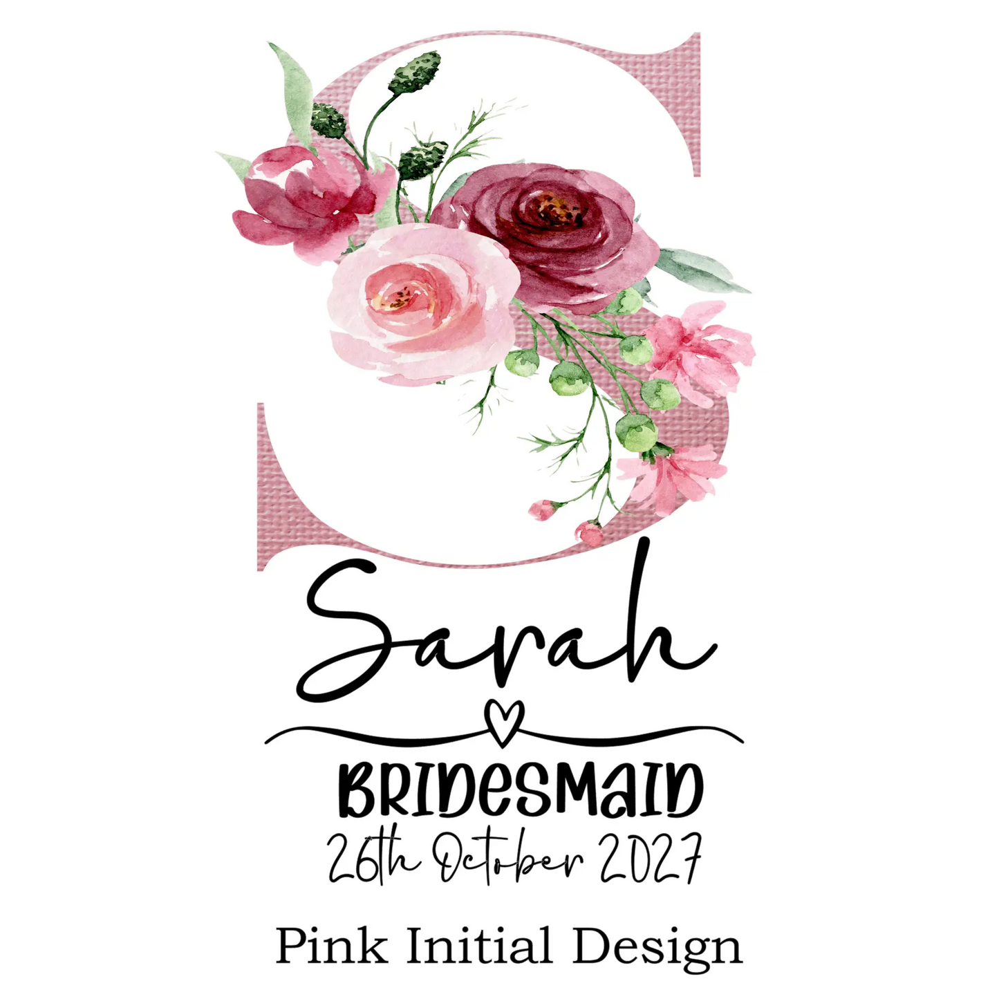 Personalised bridesmaid pyjama design with pink floral initial, custom name, role and wedding date