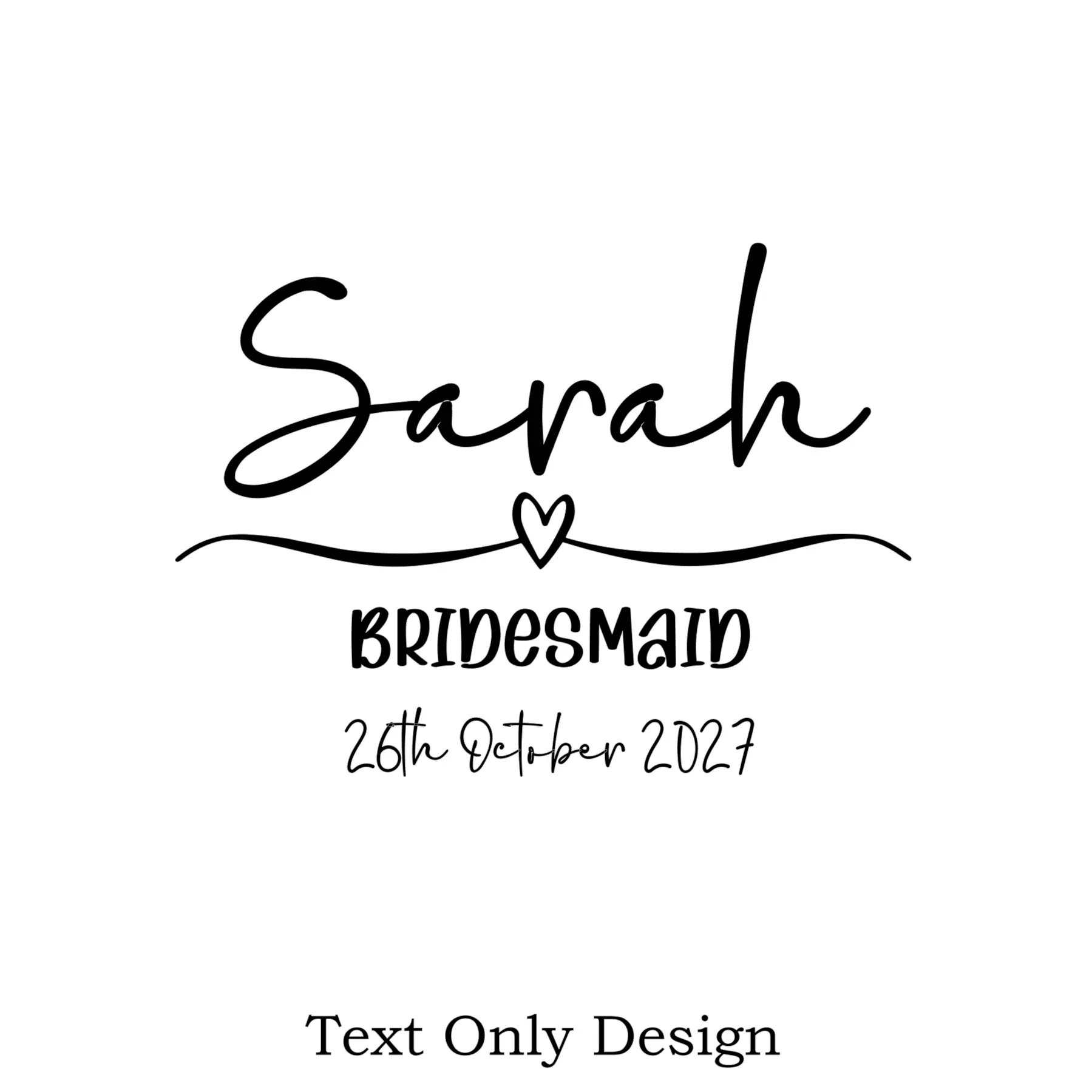 Text only personalised bridesmaid pyjama design with name, role and wedding date custom print