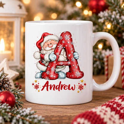 Personalised children’s Christmas mug with red initial, Santa design and child’s name Andrew