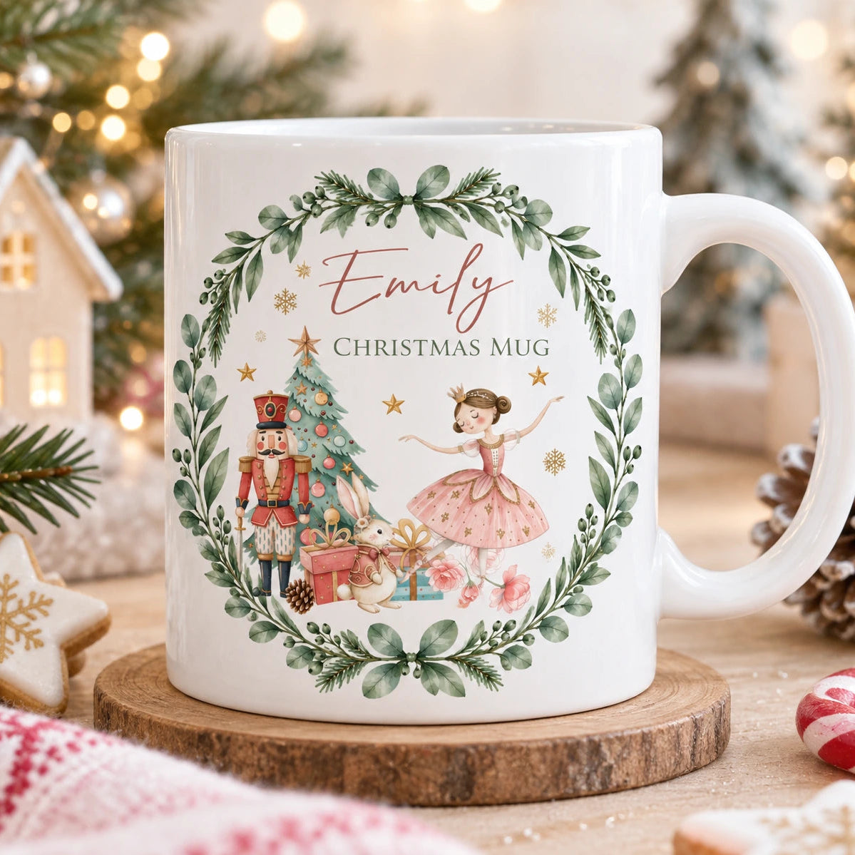 Personalised children’s Christmas mug with name Emily, Nutcracker, ballerina and festive Christmas design