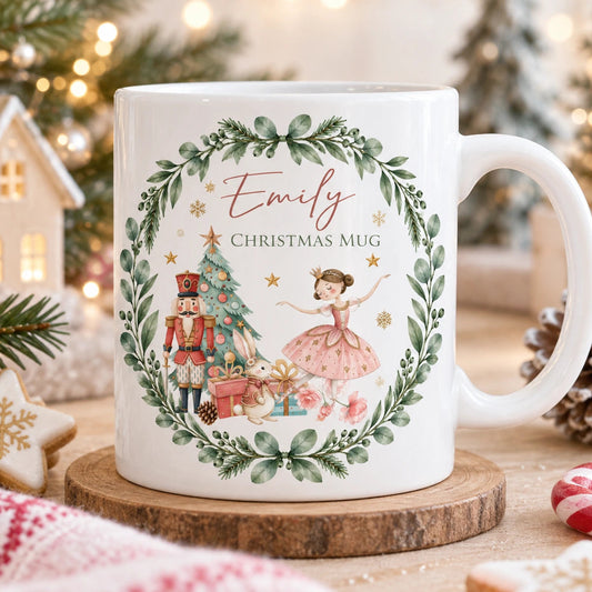 Personalised children’s Christmas mug with name Emily, Nutcracker, ballerina and festive Christmas design