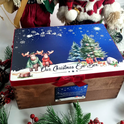 Personalised wooden Christmas Eve Box with festive design and bow, perfect keepsake gift for families and children to enjoy on Christmas Eve.