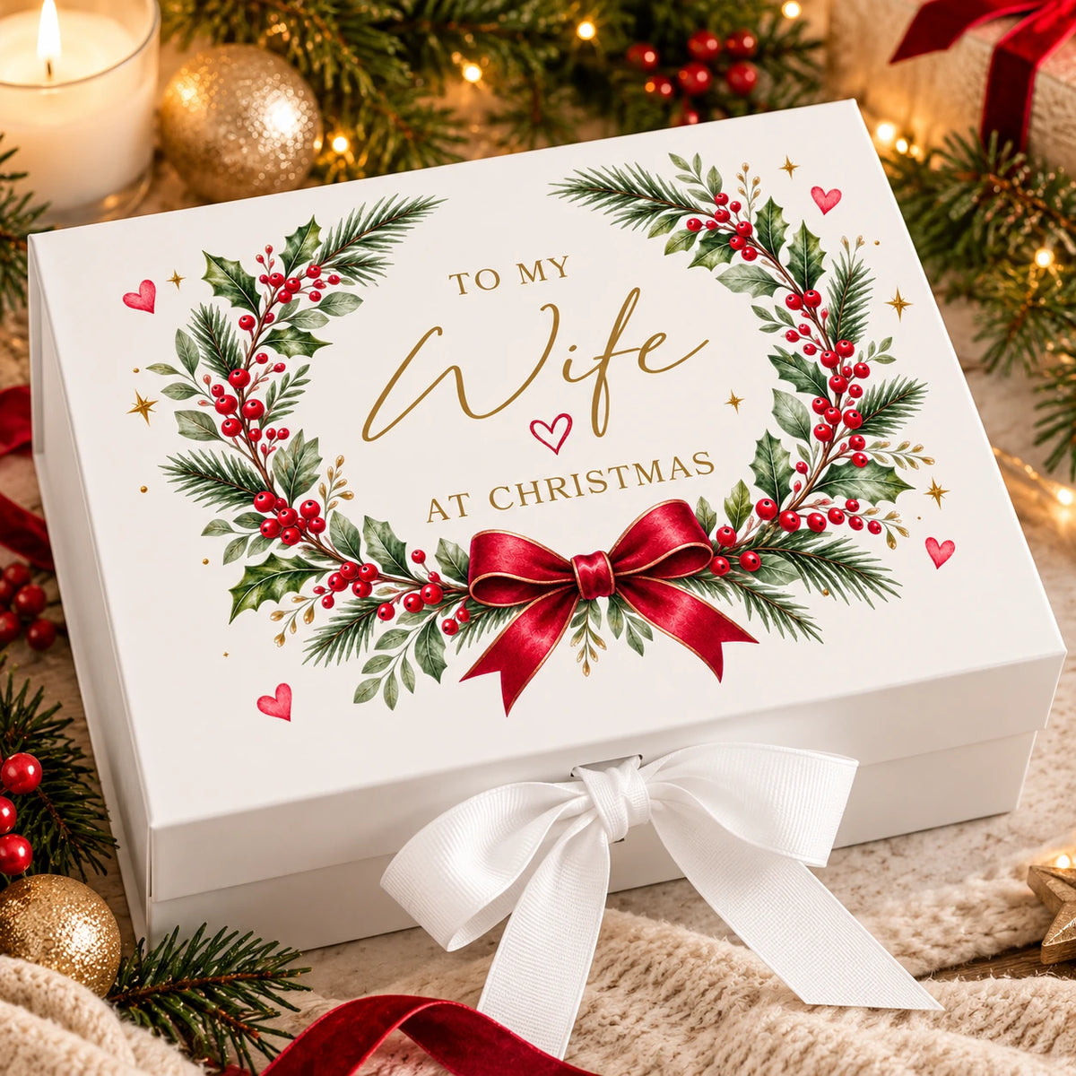 Personalised white Christmas gift box for wife with festive wreath, red bow and ribbon-tie closure