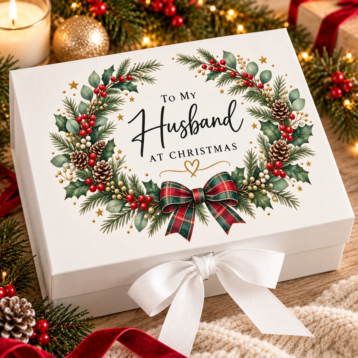 Personalised white Christmas gift box for my husband with festive wreath, tartan bow and ribbon-tie closure