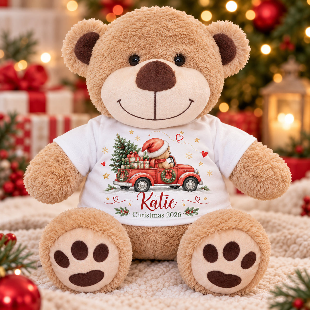 Personalised brown Christmas teddy bear wearing a removable white T-shirt printed with child’s name and year