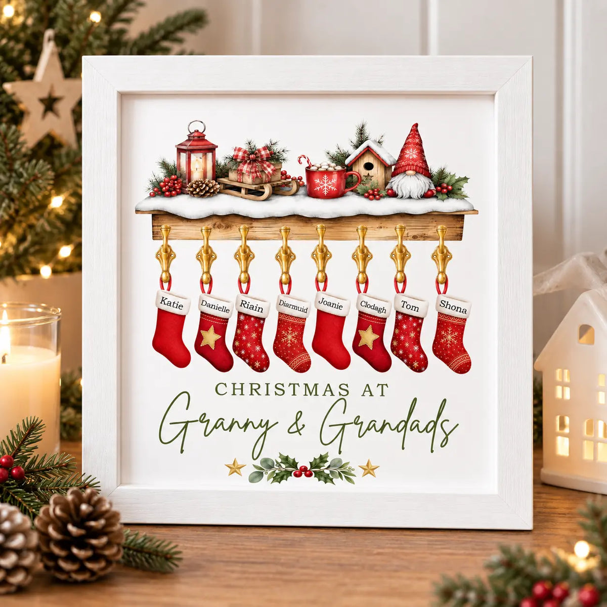 Personalised Christmas at Granny and Grandad’s frame with named stockings for grandchildren