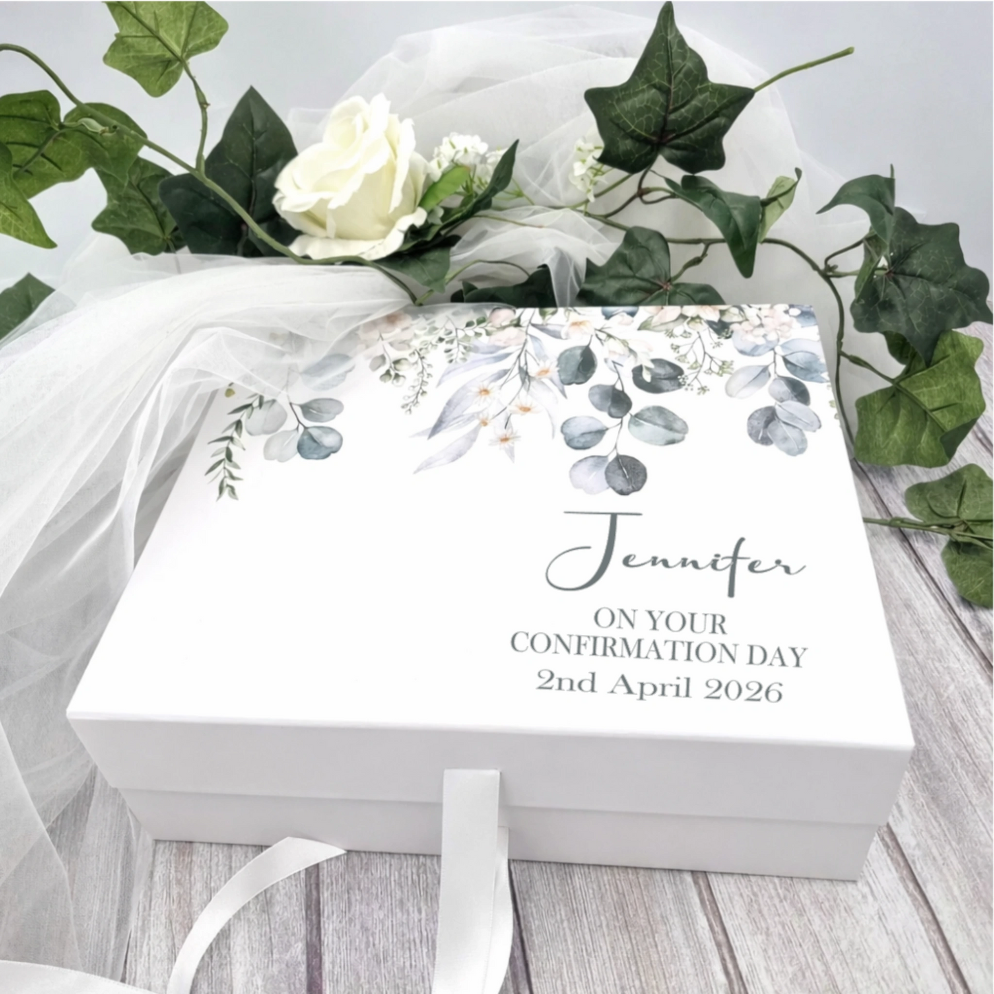 Personalised confirmation keepsake box with eucalyptus botanical design, made in Ireland, perfect for Confirmation Day memories