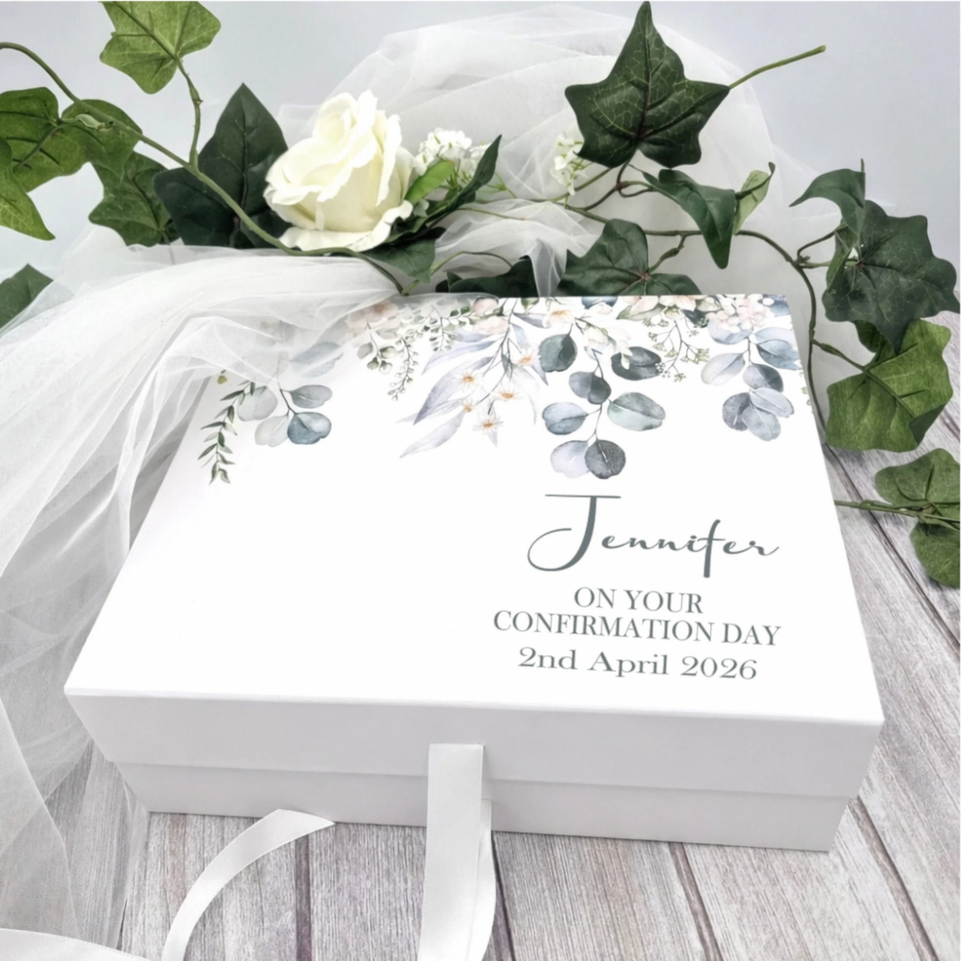 Personalised confirmation keepsake box with eucalyptus botanical design, made in Ireland, perfect for Confirmation Day memories