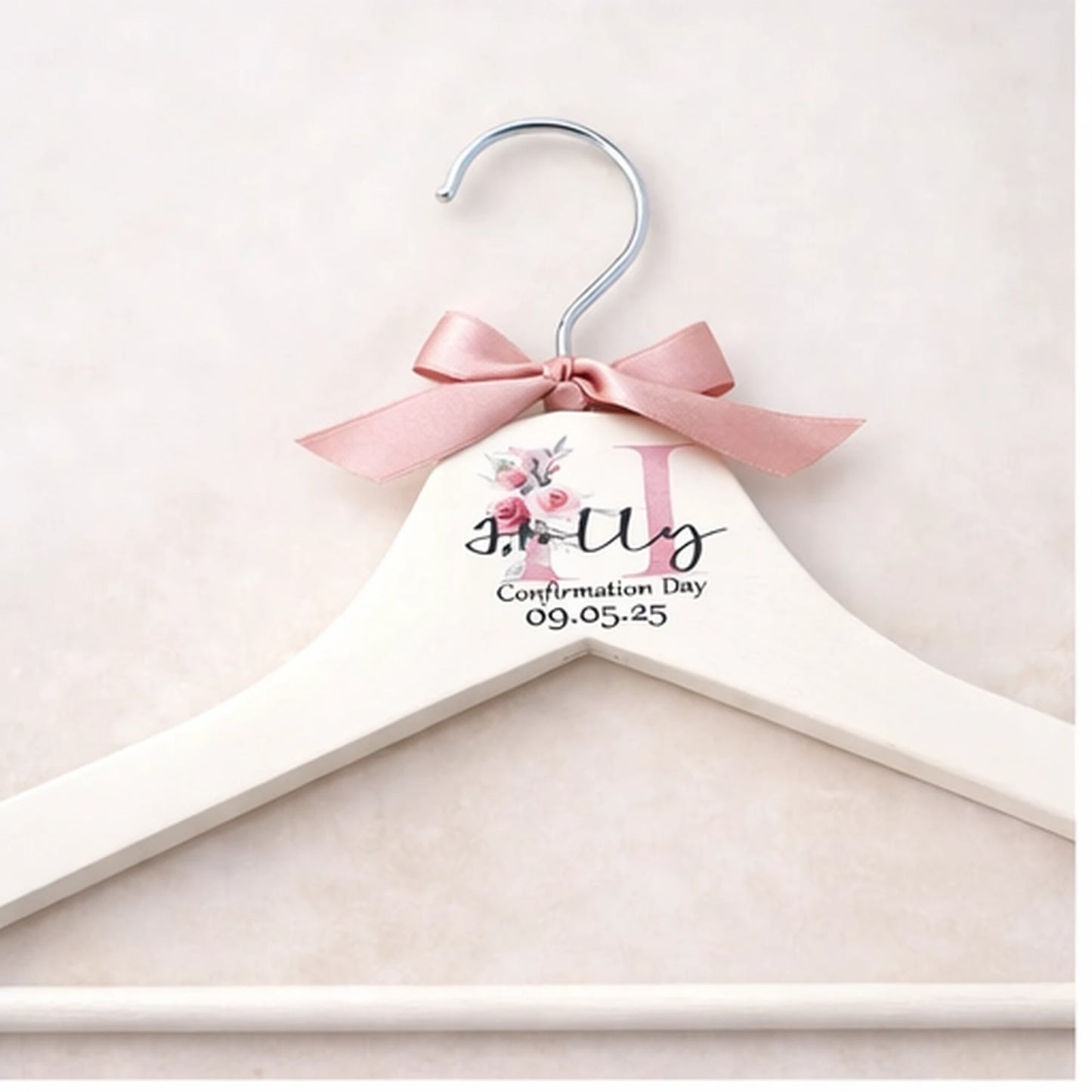 Personalised white wooden confirmation dress hanger with name, date and satin bow, Irish made keepsake