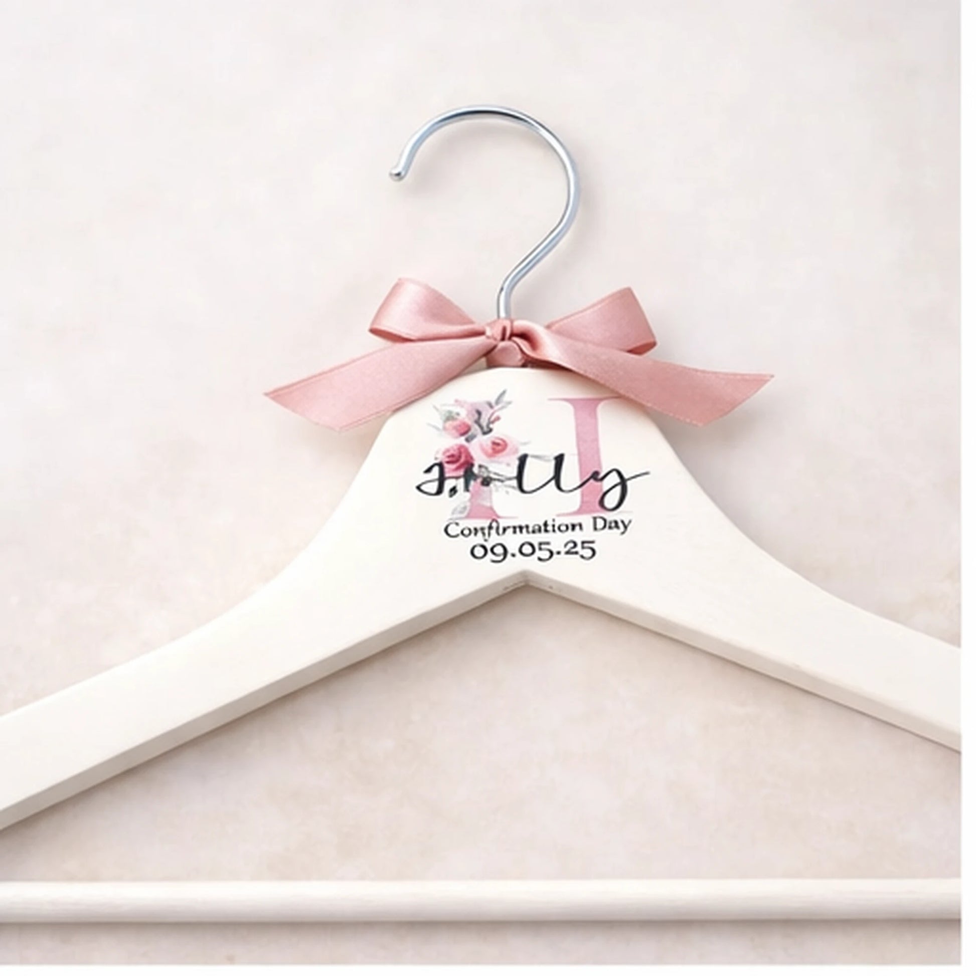 Personalised white wooden confirmation dress hanger with name, date and satin bow, Irish made keepsake