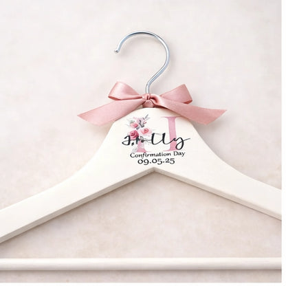 Personalised white wooden confirmation dress hanger with name, date and satin bow, Irish made keepsake
