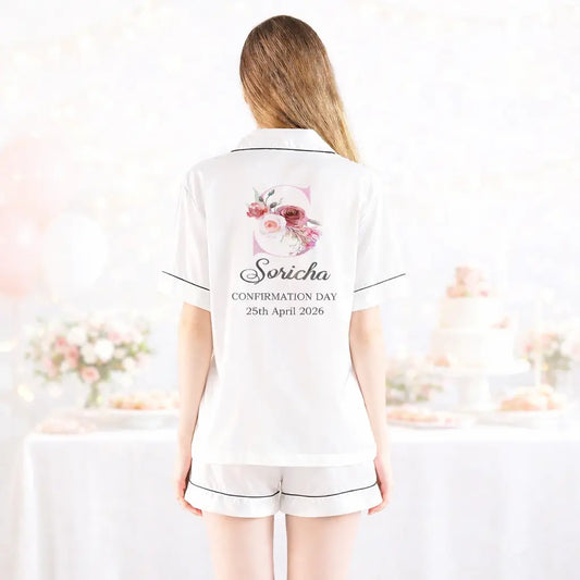 White personalised confirmation pyjamas for girls with floral initial, name and confirmation date, Irish made keepsake
