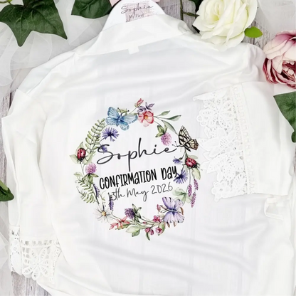 Personalised white Confirmation robe with floral wreath design, name and Confirmation date