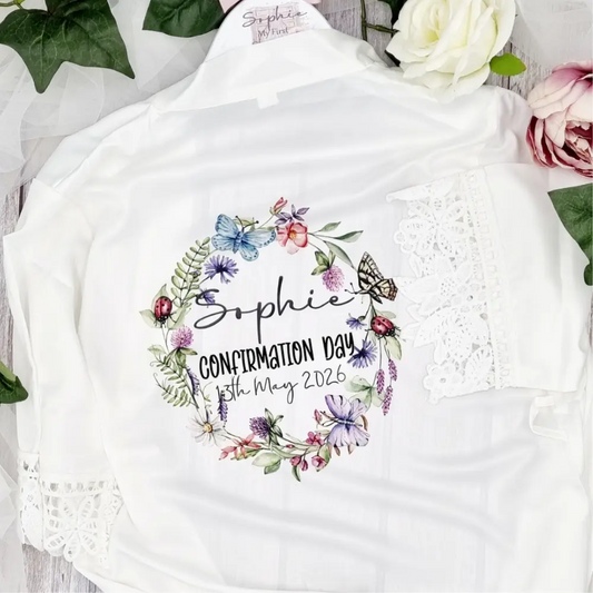 Personalised white Confirmation robe with floral wreath design, name and Confirmation date