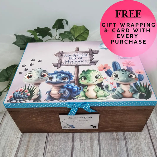 Personalised dinosaur memory box for baby with wooden keepsake box, baby name plaque, blue ribbon and free gift wrapping and matching card included