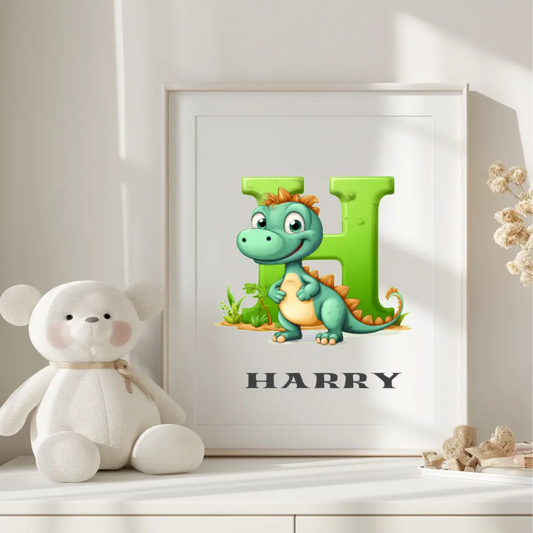 Personalised dinosaur initial print with custom name, A4 or A3 size, Irish-made nursery decor.