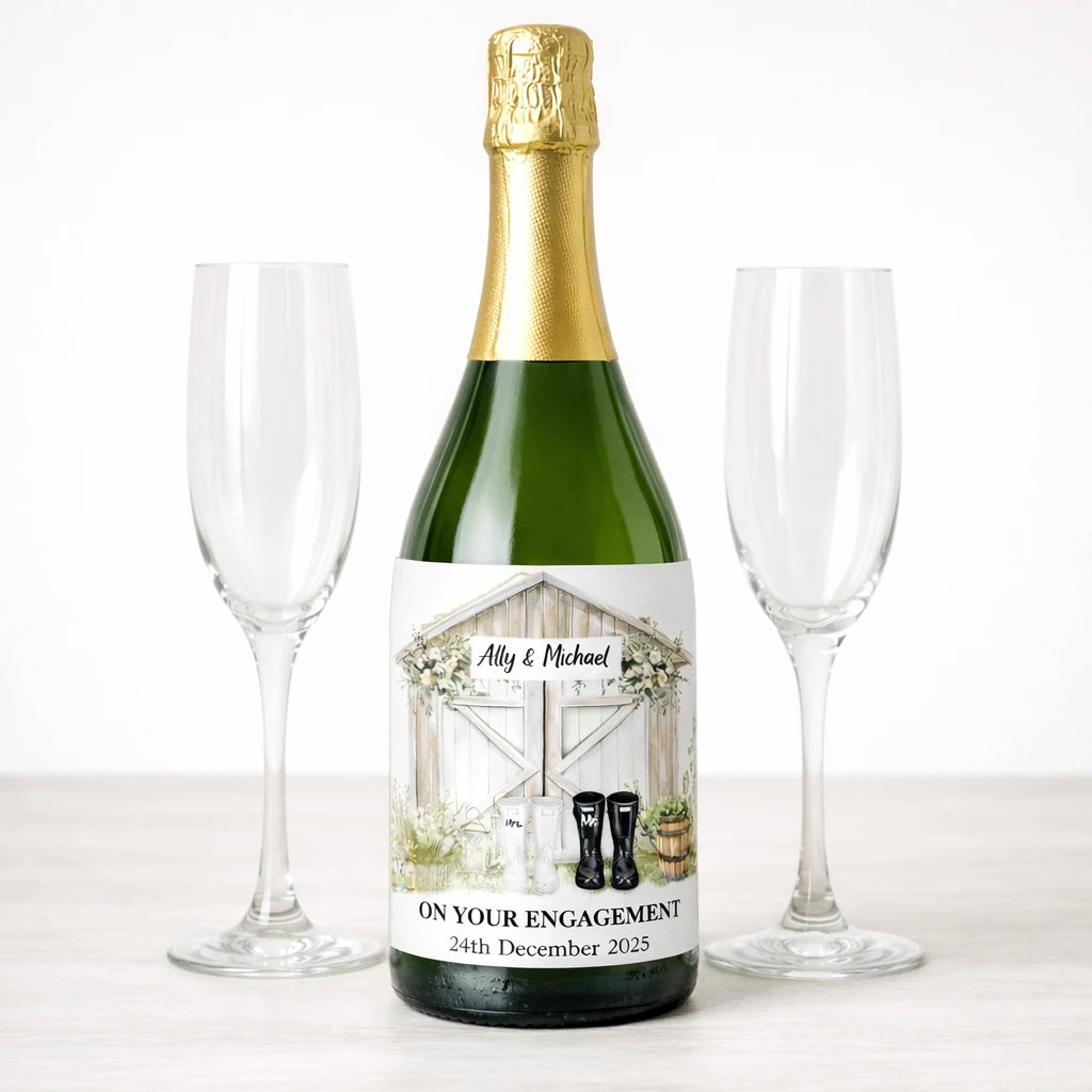 Personalised engagement champagne bottle label with names and date, Irish made custom engagement gift by HanaLee Studios