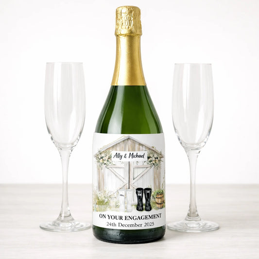Personalised engagement champagne bottle label with names and date, Irish made custom engagement gift by HanaLee Studios