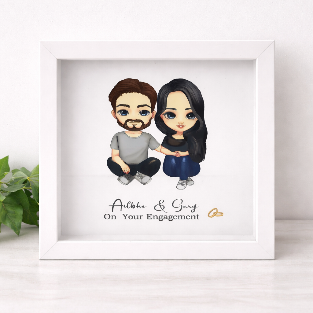 Personalised engagement frame featuring a custom illustrated couple in a white box frame, a unique engagement gift idea for couples, Irish made