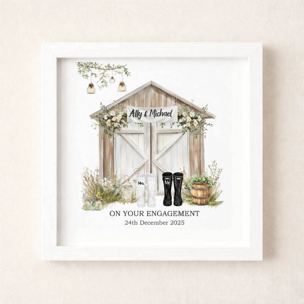 Personalised engagement frame with couple’s names and date in a white wooden frame, Irish made engagement keepsake gift from Co. Meath