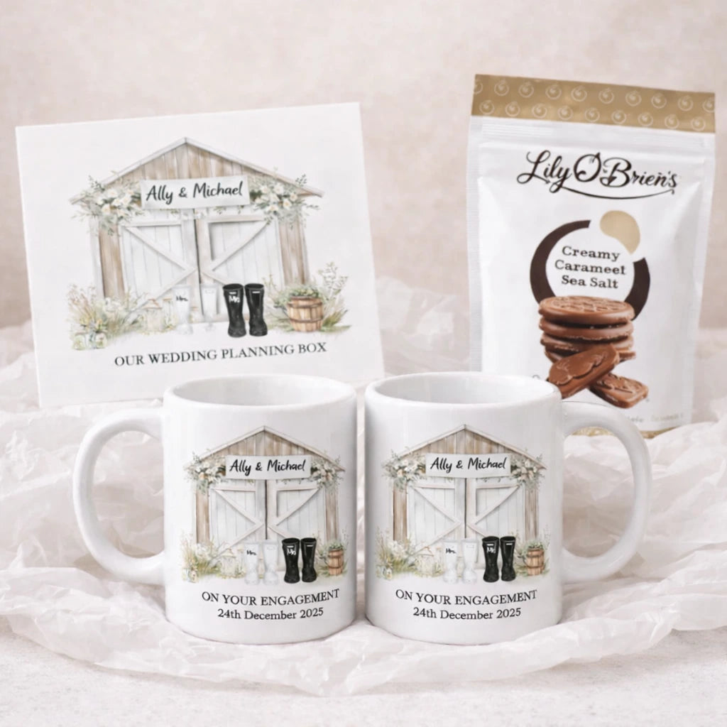 Personalised engagement gift set including keepsake box, matching mugs, greeting card and chocolates, Irish made and personalised in Co. Meath
