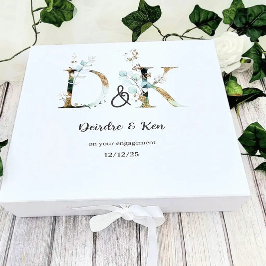 Personalised white engagement keepsake box with botanical initials, couple names and engagement date, Irish made gift
