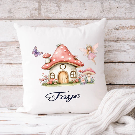 Personalised fairy cushion with mushroom cottage, butterfly and custom name Faye – Irish made children’s bedroom décor