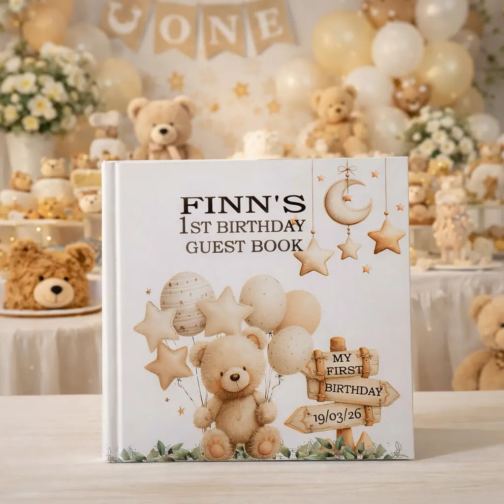 Personalised baby guest book for first birthday party with teddy bear design and custom name and date printed on the cover