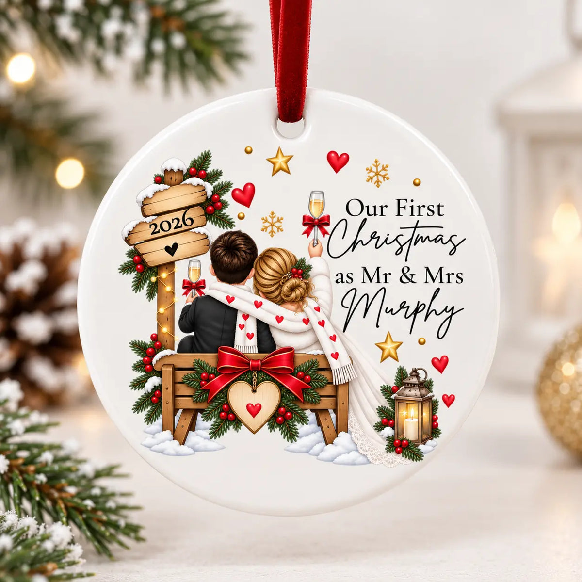 Personalised First Christmas married ceramic decoration for a newlywed couple with surname, year and red velvet ribbon