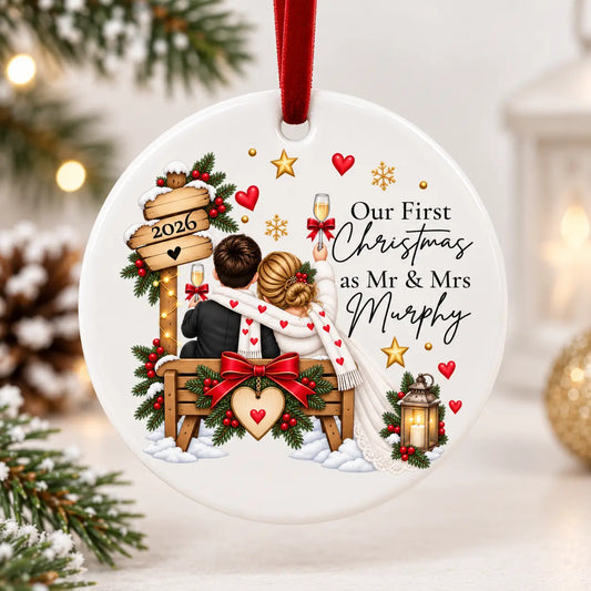 Personalised First Christmas married ceramic decoration for a newlywed couple with surname, year and red velvet ribbon