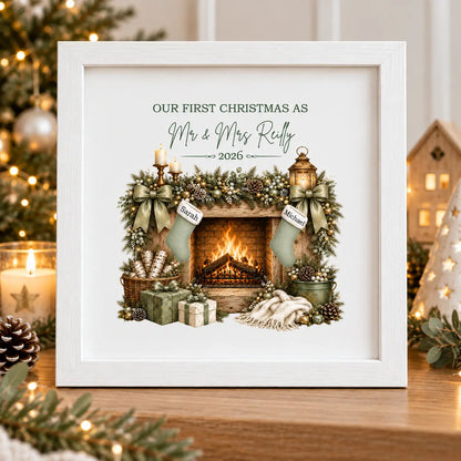 Personalised first Christmas married frame with Mr and Mrs names, year and named Christmas stockings by an Irish gift business