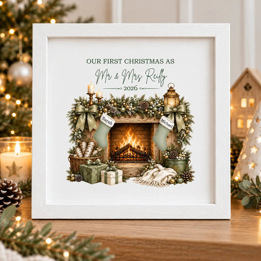 Personalised first Christmas married frame with Mr and Mrs names, year and named Christmas stockings by an Irish gift business