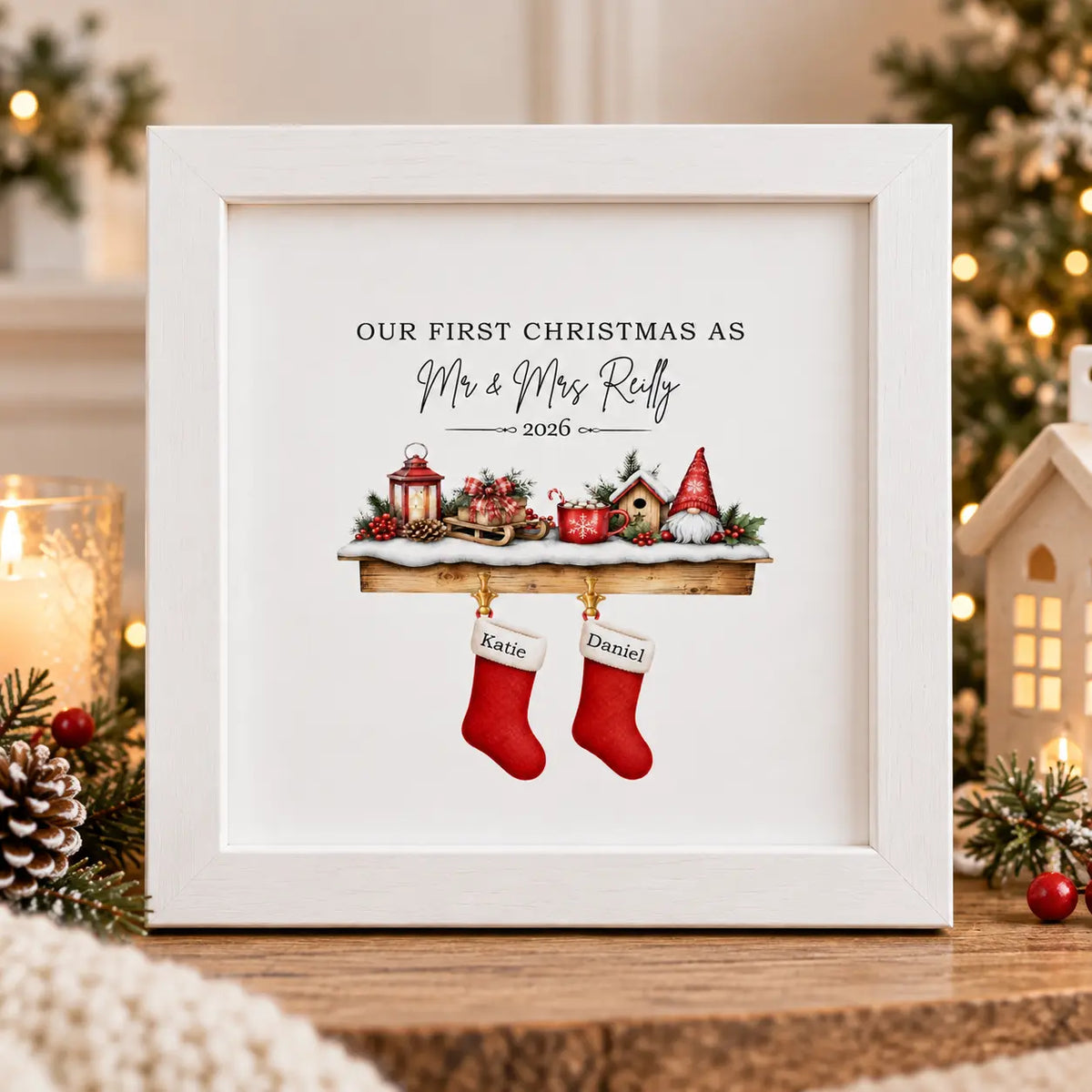 Personalised First Christmas married frame with couple’s surname, year and individual Christmas stockings, displayed in a square white wooden frame.