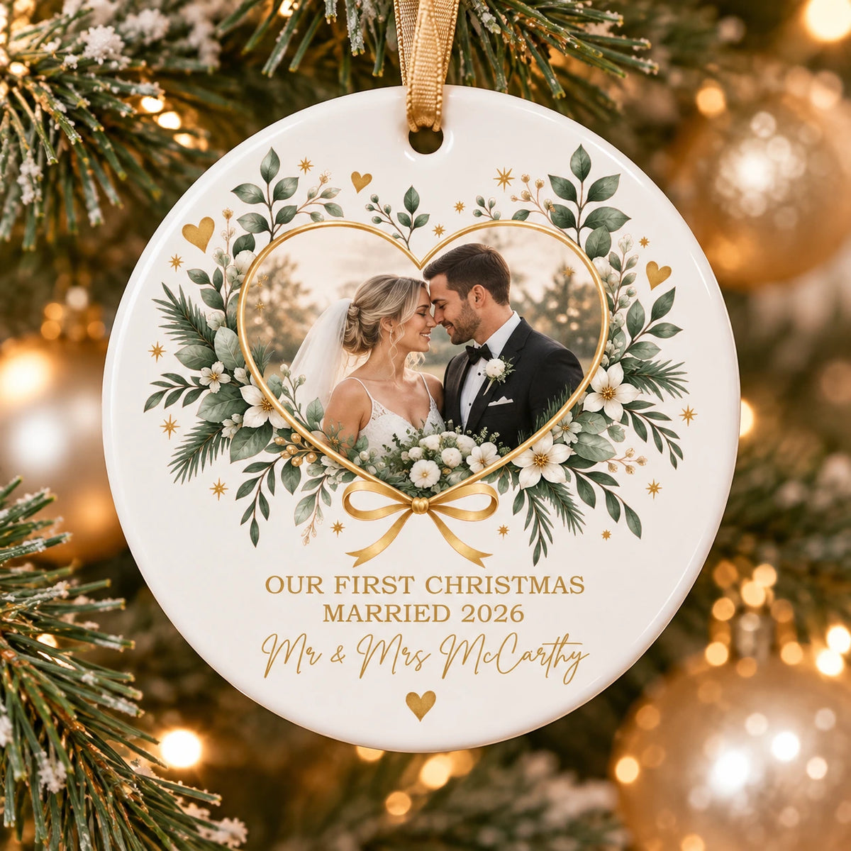 Personalised First Christmas Married ceramic decoration with wedding photo, married name and year