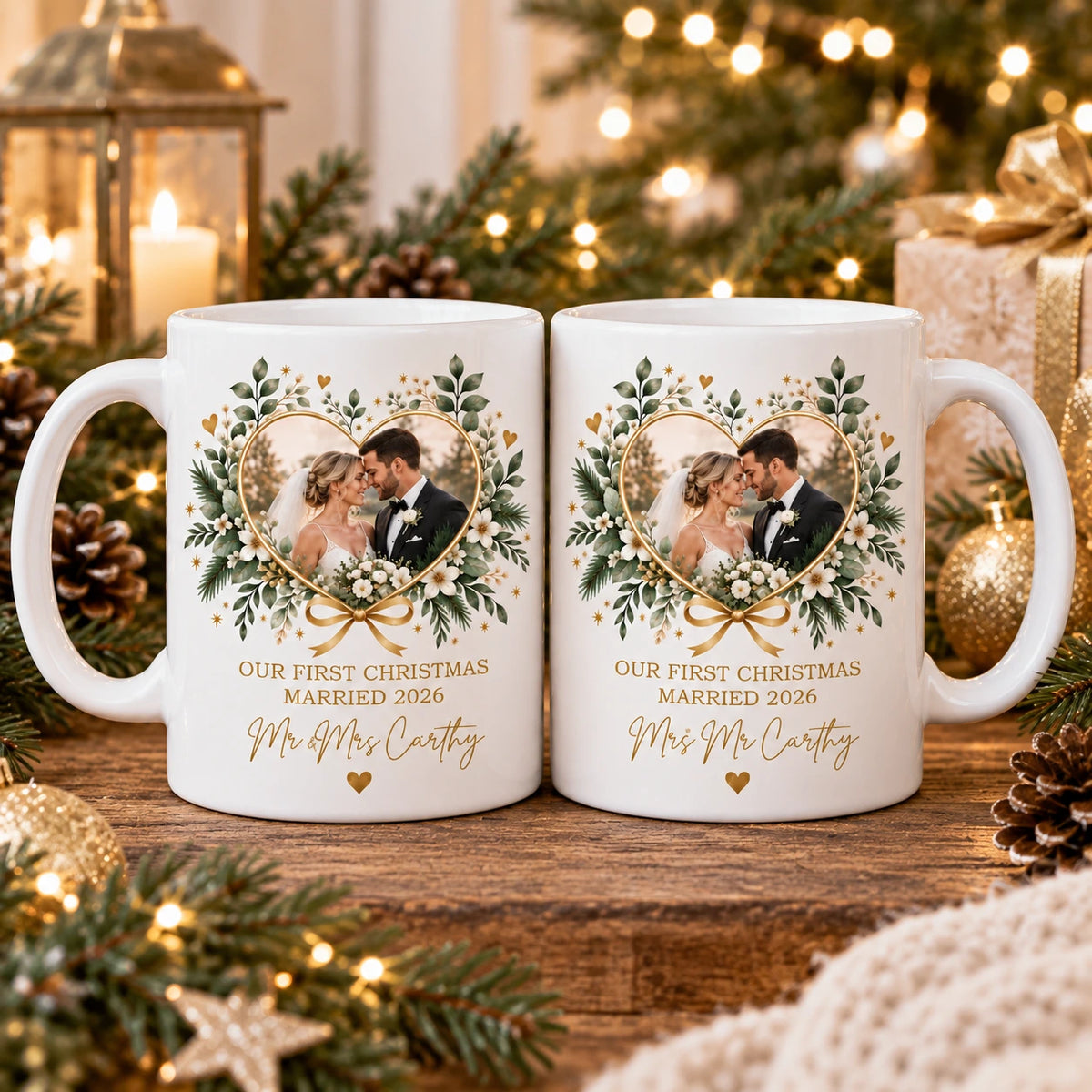 Set of two personalised First Christmas Married mugs with wedding photo, married name and year