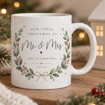Personalised First Christmas as Mr and Mrs ceramic mug set with newlywed surname and 2026 Christmas design