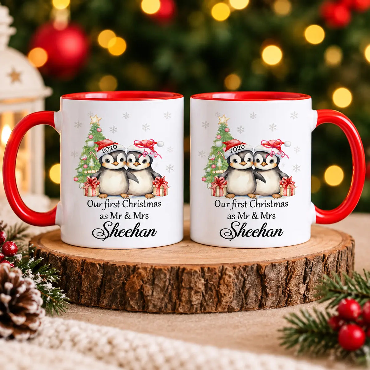 Personalised First Christmas as Mr and Mrs mug set with penguin Christmas design, surname and 2026, a festive gift for newlyweds and married couples.