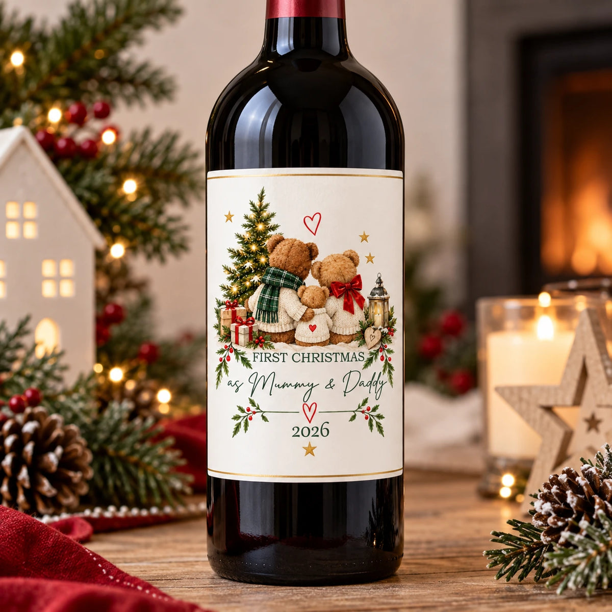 Personalised First Christmas as Mum and Dad wine bottle label with festive family bear design for new parents