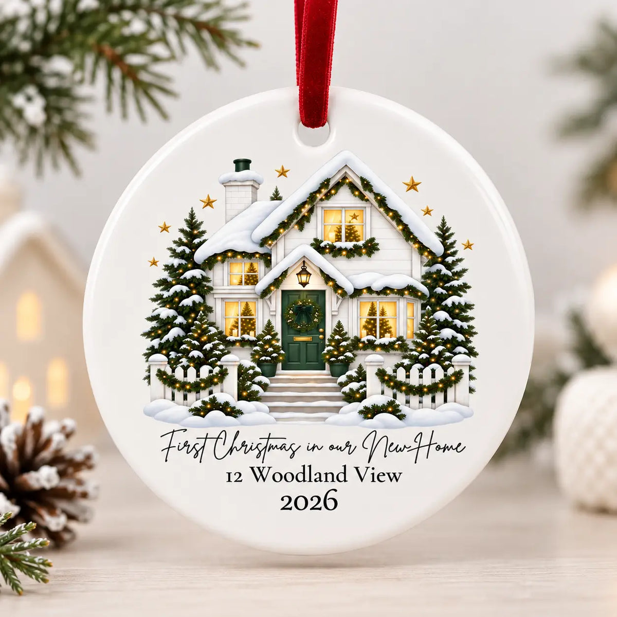 Personalised First Christmas in Our New Home ceramic decoration with new home address, year and red velvet ribbon
