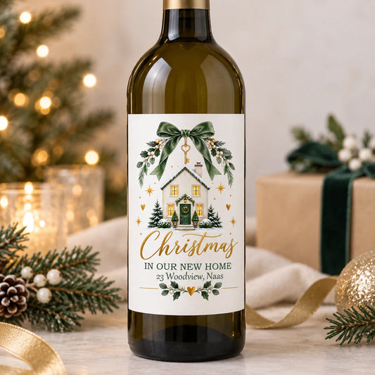 Personalised First Christmas in Our New Home wine bottle label with new home address and festive house design