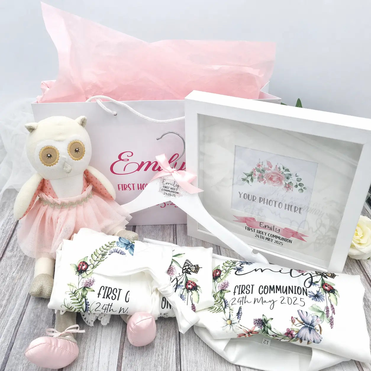 Personalised First Communion bumper gift set with robe, pyjamas, personalised hanger, photo frame, teddy and gift bag, Irish made