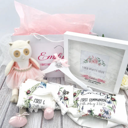 Personalised First Communion bumper gift set with robe, pyjamas, personalised hanger, photo frame, teddy and gift bag, Irish made